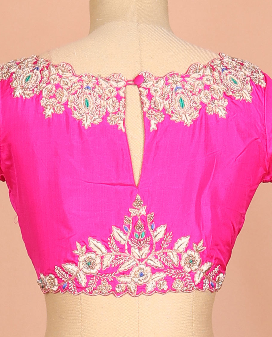 Hot pink floral design embroidered pure-silk readymade blouse with front & back boat-neck & elbow-sleeve