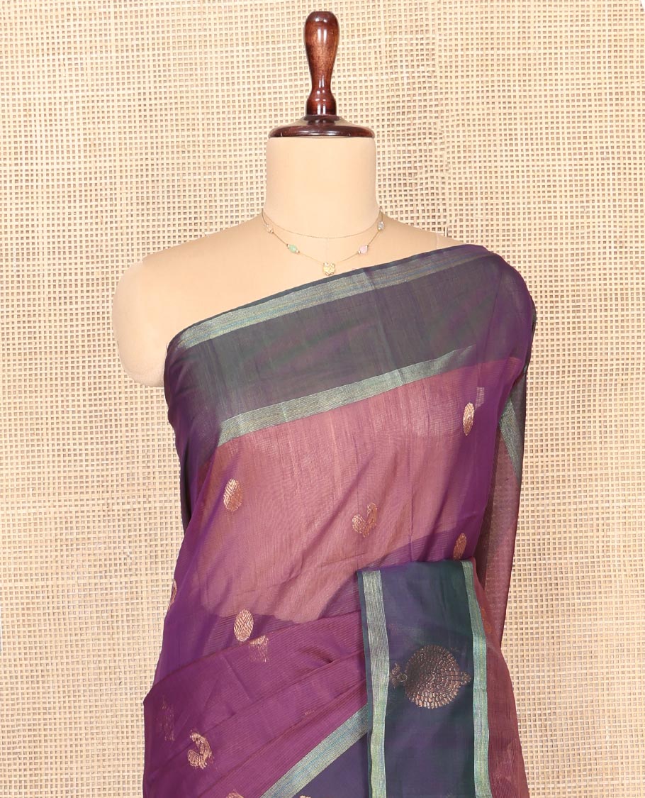 Purple Silk Cotton Saree, Elevated with Peacock and Rudraksha Buttas, Complemented by a Contrast Zari Buttas Border, Geometric Patterned Pallu, and a Contrast Blouse