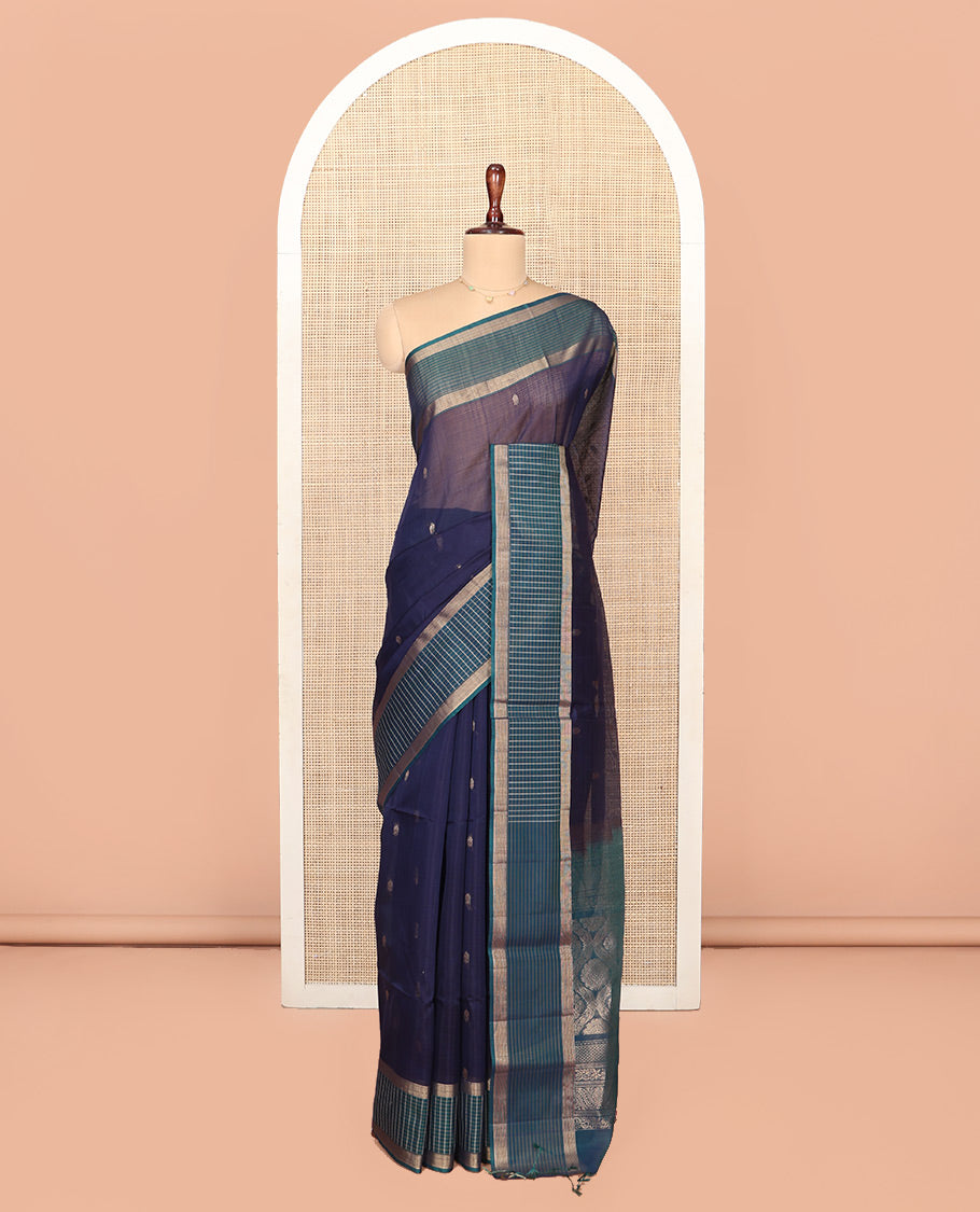 Blue Silk Cotton Saree, Subtly Sparkled With Zari Buttas All Over Its Body, Complemented by Contrast Zari Checked Border, Intricately Designed Pallu and Paired with a Contrast Blouse
