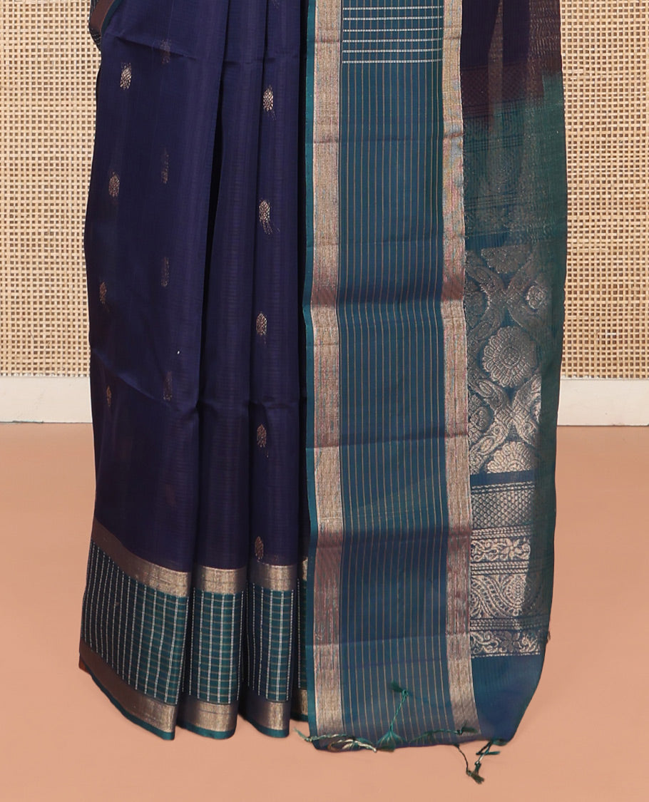 Blue Silk Cotton Saree, Subtly Sparkled With Zari Buttas All Over Its Body, Complemented by Contrast Zari Checked Border, Intricately Designed Pallu and Paired with a Contrast Blouse