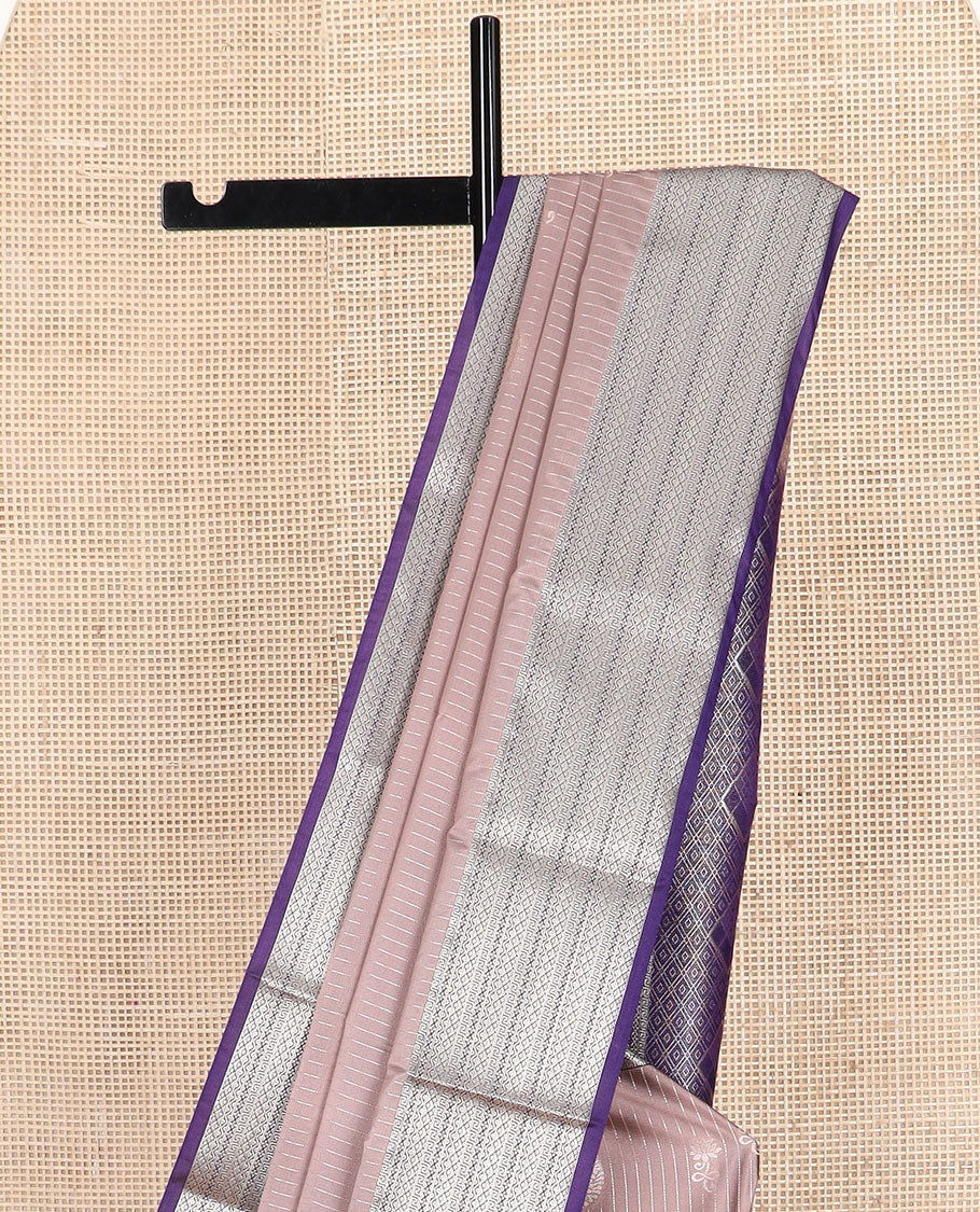 Brown striped and manga buttas soft silk saree, contrast traditional zari design border, and jaal pallu