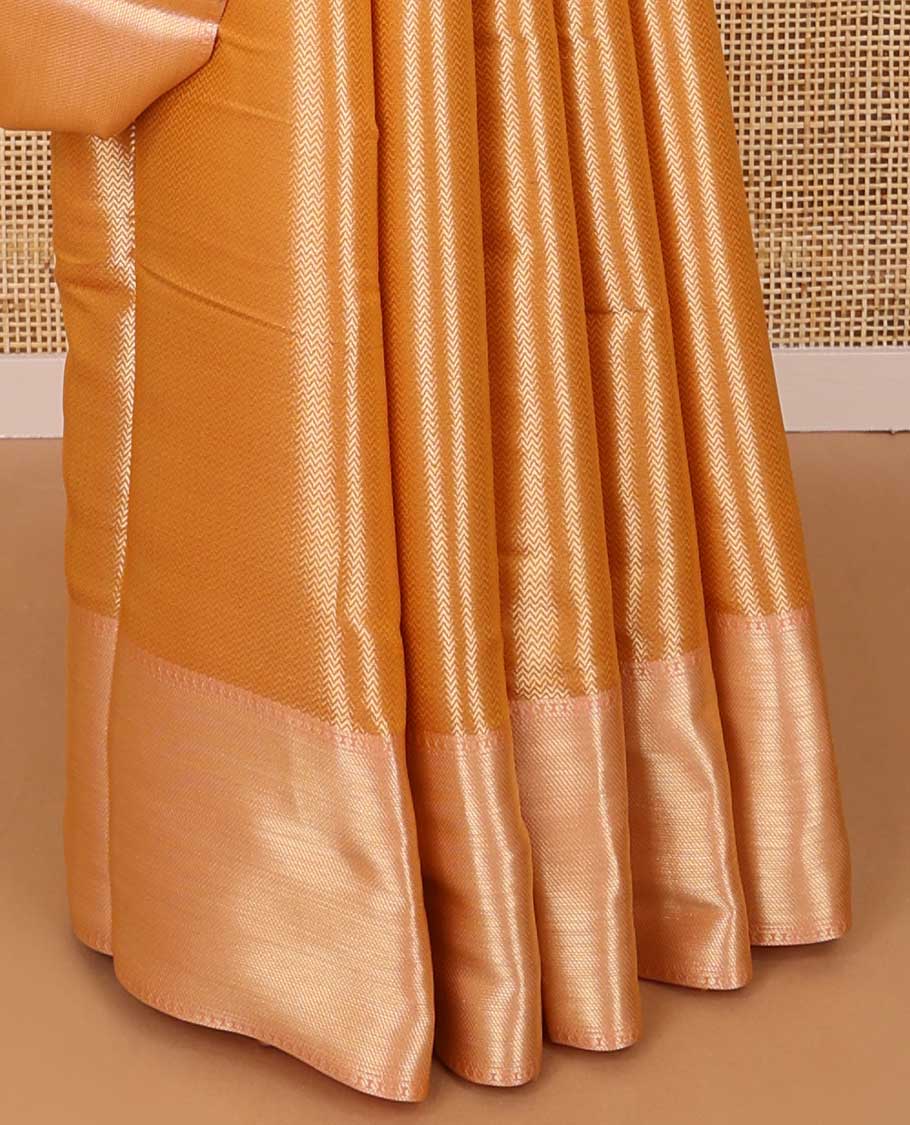 Orange chevron design semi banaras tissue saree with contrast zari design border & striped pallu