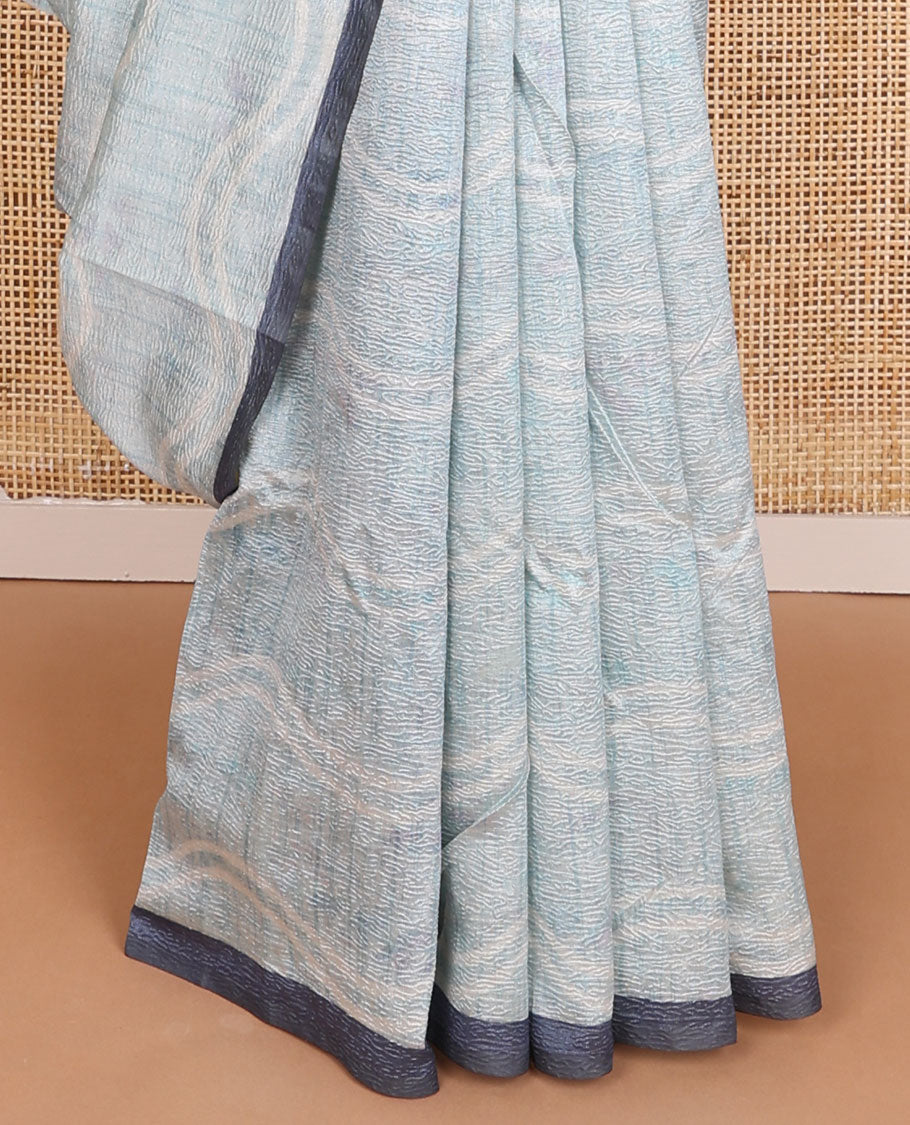 Blue crushed-style floral printed & thread kantha embroidery work tissue silk saree, contrast plain border & floral printed pallu