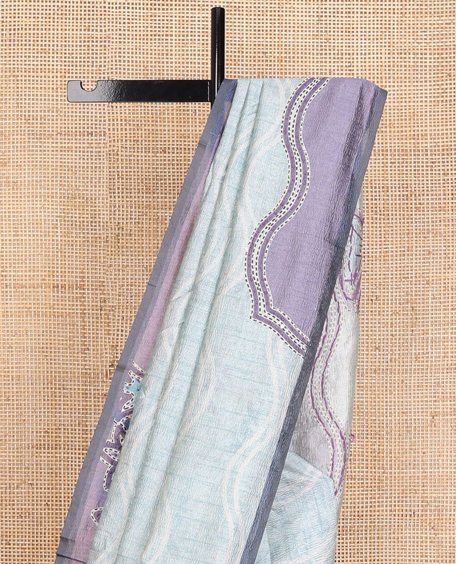Blue crushed-style floral printed & thread kantha embroidery work tissue silk saree, contrast plain border & floral printed pallu