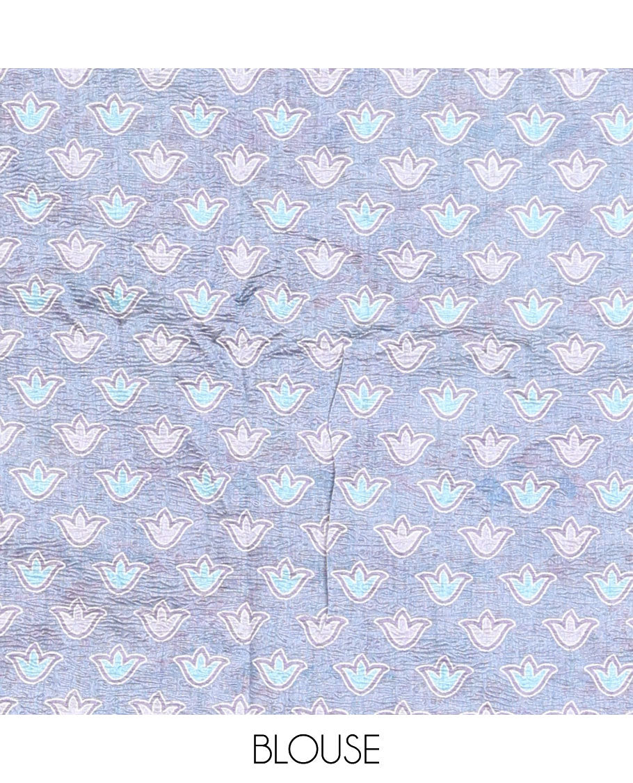 Blue crushed-style floral printed & thread kantha embroidery work tissue silk saree, contrast plain border & floral printed pallu