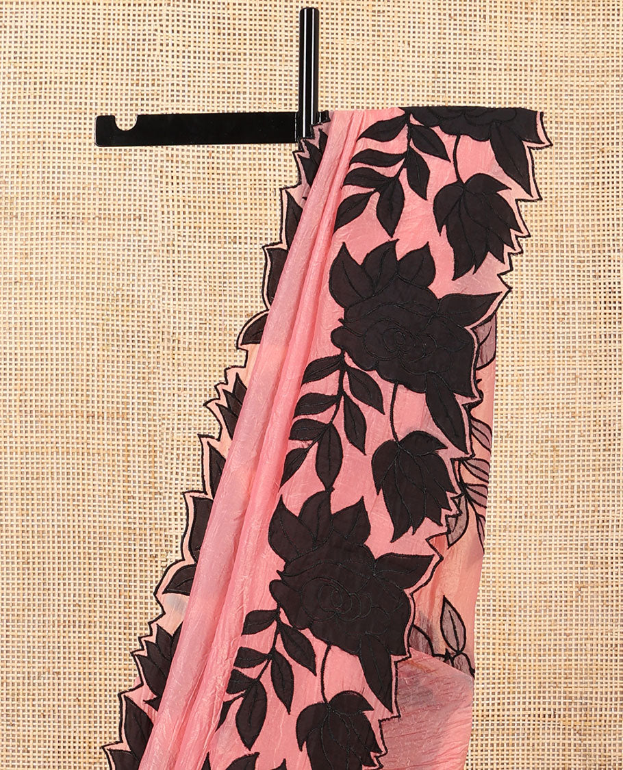 Peach crush tissue saree with self floral embroidery scallop border