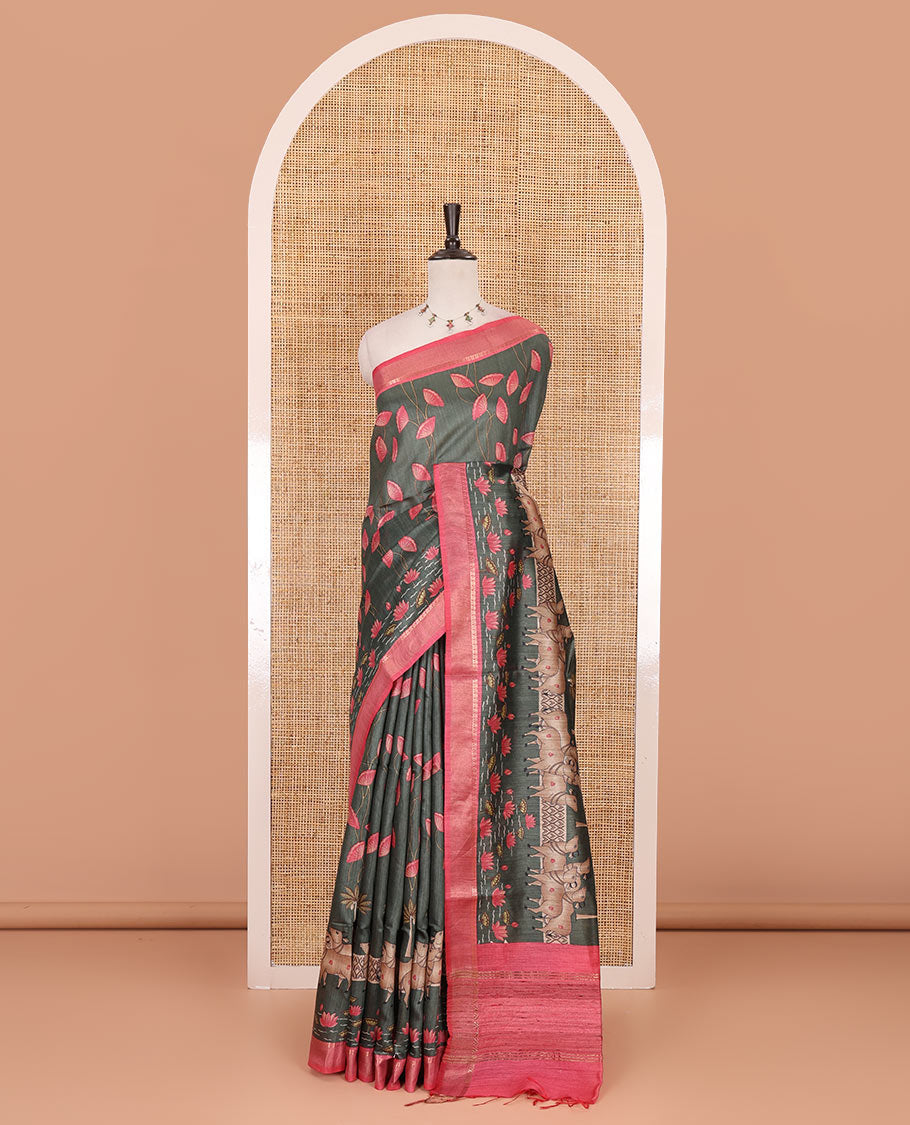 Grey Pichwai lotus floral vine and cow motifs printed tussar silk saree, contrast zari border, and striped pallu