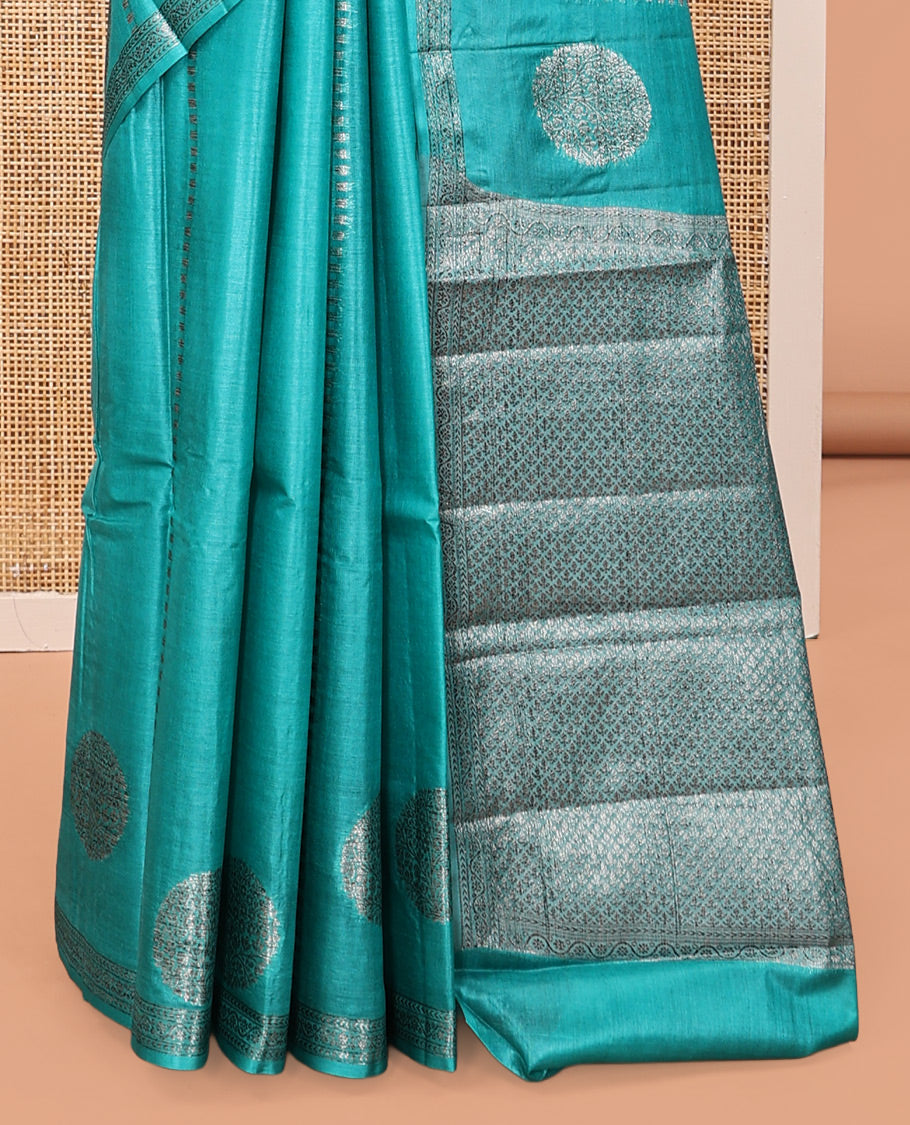 Blue Tussar Silk Saree, Detailed with Zari Buttas and Stripes, a Piping Border, Jaal Pallu, and a Matching Blouse