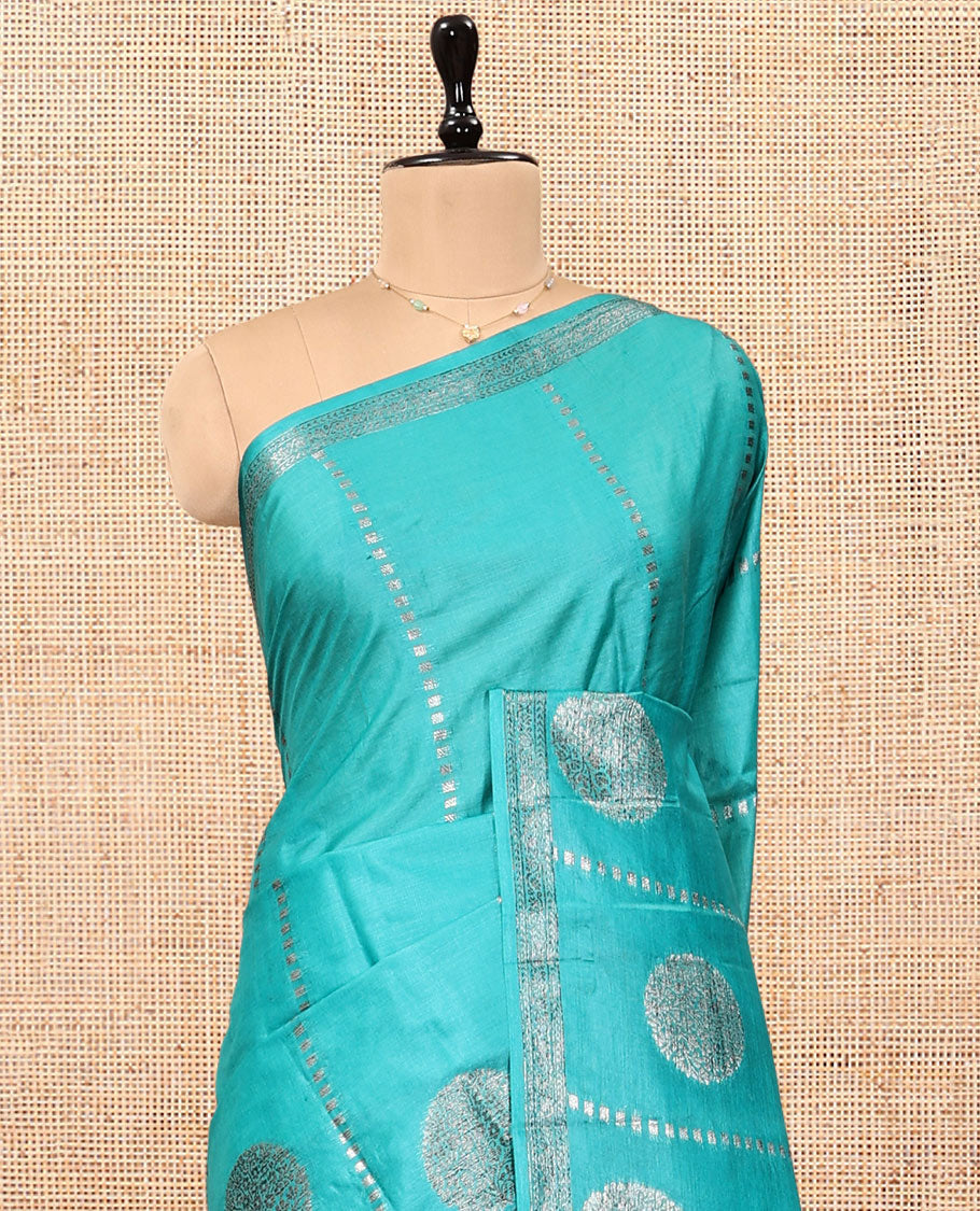 Blue Tussar Silk Saree, Detailed with Zari Buttas and Stripes, a Piping Border, Jaal Pallu, and a Matching Blouse