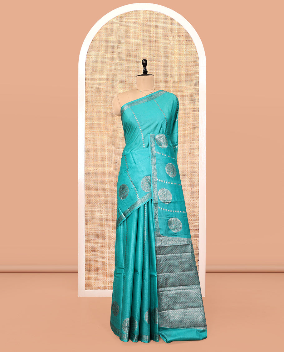 Blue Tussar Silk Saree, Detailed with Zari Buttas and Stripes, a Piping Border, Jaal Pallu, and a Matching Blouse
