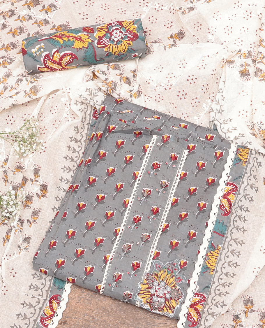 Grey Cotton Material Churidar Set, Ornamented with Floral Print and Embroidery Top, Floral Bottom, and a Printed Dupatta