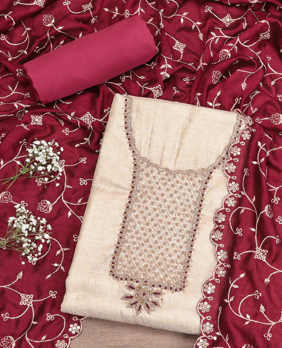 Cream-Wine Tissue Material Chudidar Set