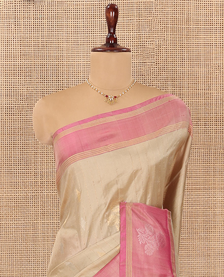 Sandal Uppada Silk Saree Featuring Zari Stripes and Buttas, Complemented by Contrast Sparsely Woven Border of Zari Floral Motifs, Contrast Pallu Decked Up with Jaal Designs, and Paired with a Contrast Blouse