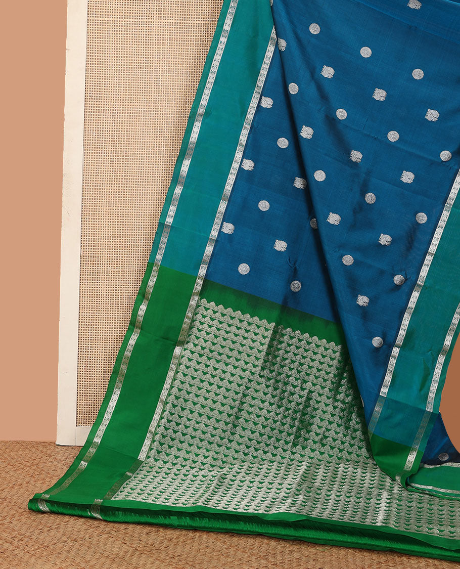 Blue peacock chakra buttas Venkatagiri silk saree, contrast rettai pettu rudraksham border, and thilakam design pallu