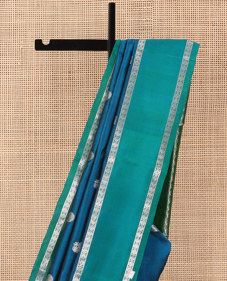 Blue peacock chakra buttas Venkatagiri silk saree, contrast rettai pettu rudraksham border, and thilakam design pallu