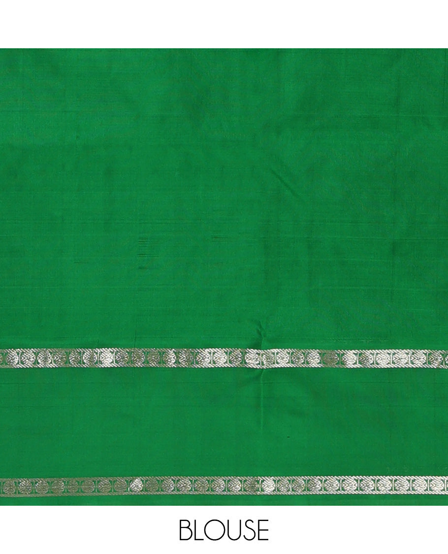 Blue peacock chakra buttas Venkatagiri silk saree, contrast rettai pettu rudraksham border, and thilakam design pallu