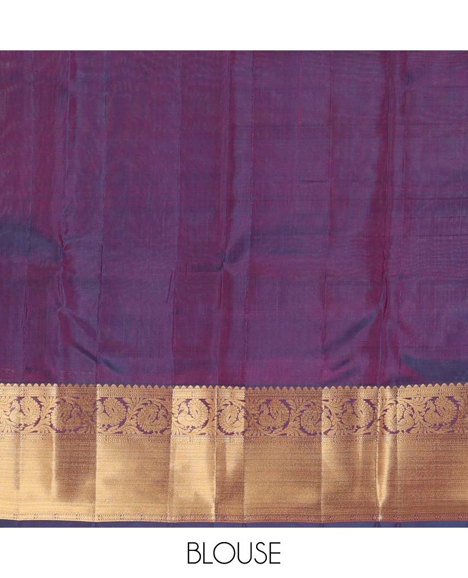 Purple annam chakram enclosed zari checked Vasundhara silk mix saree, zari border of rekku and kodi mayil designs, and jaal pallu