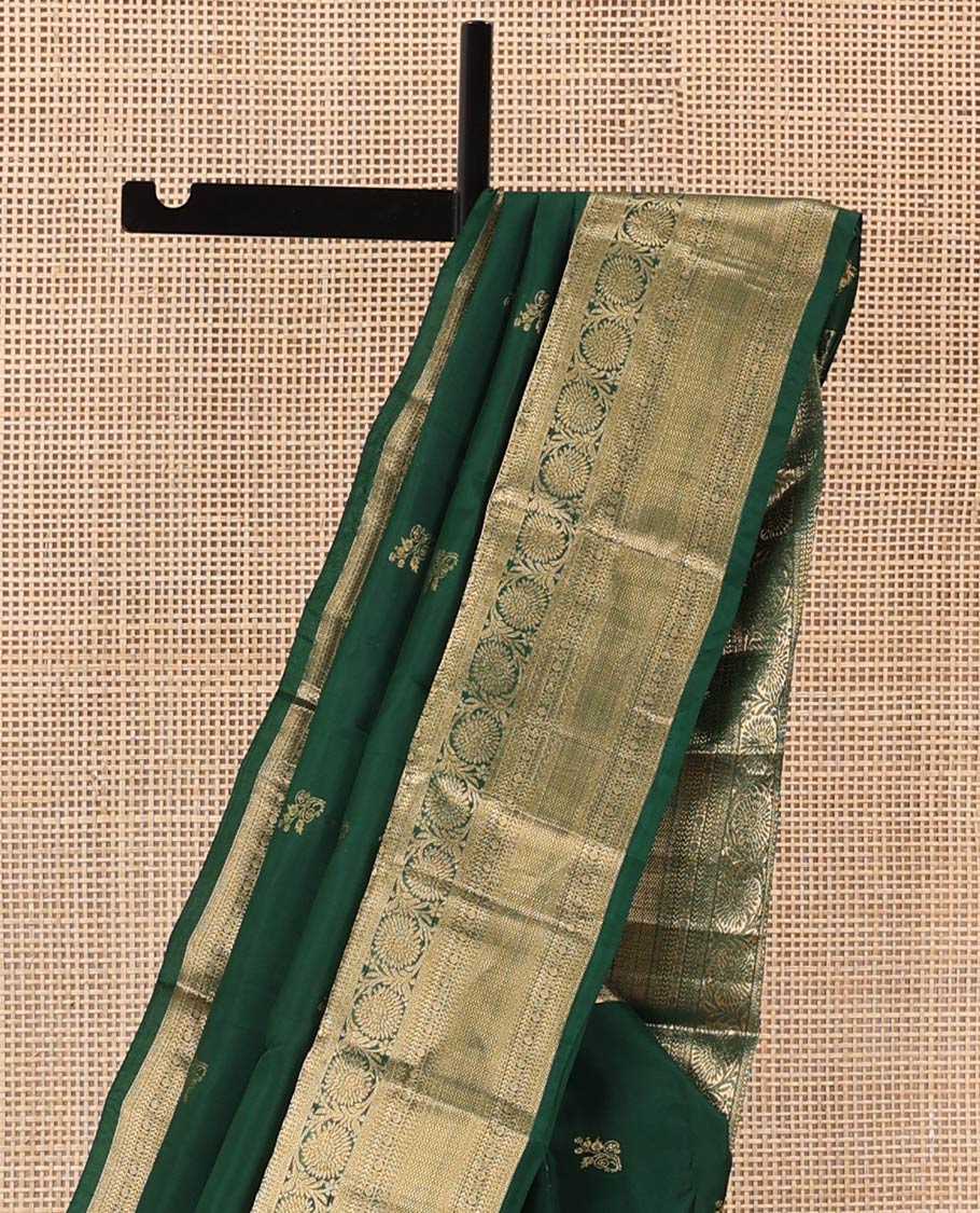 Green zari buttas Vasundhara silk mix saree, zari border of poun, kathir, diamond, neli, mayil kann, and kodi visiry designs, and Jaal patterned pallu