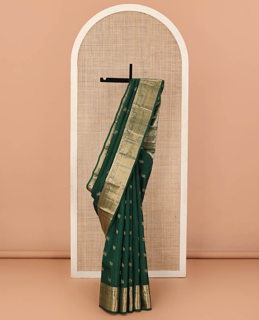 Green zari buttas Vasundhara silk mix saree, zari border of poun, kathir, diamond, neli, mayil kann, and kodi visiry designs, and Jaal patterned pallu