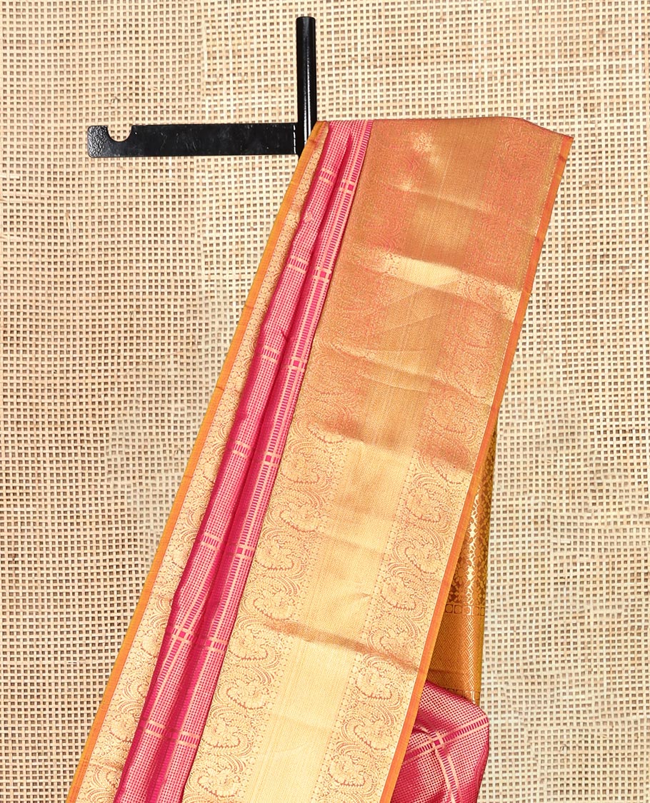 Pink Vasundhara Lite Silk Mix Saree, Elevated with Jacquard Design, a Contrast Border of Thilakam, Rudraksham, Kuyil Kann, and Kodi Visiry Designs, Jaal Pallu, and a Contrast Blouse