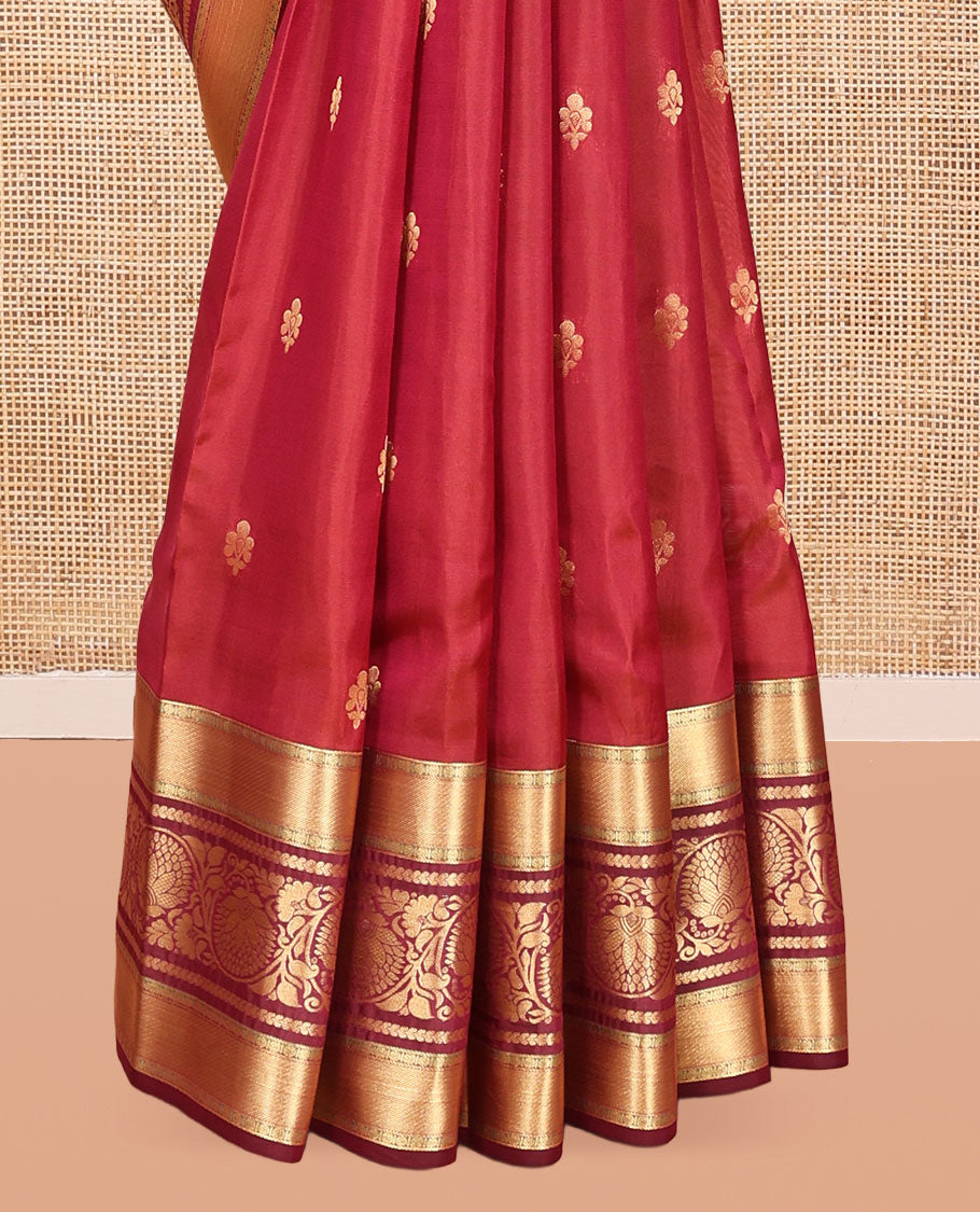 Red Vasundhara Lite Silk Mix Saree, Woven with Zari Buttas, a Contrast Border of Kodi Visiri Designs, Grand Vanki Pallu, and a Contrast Blouse