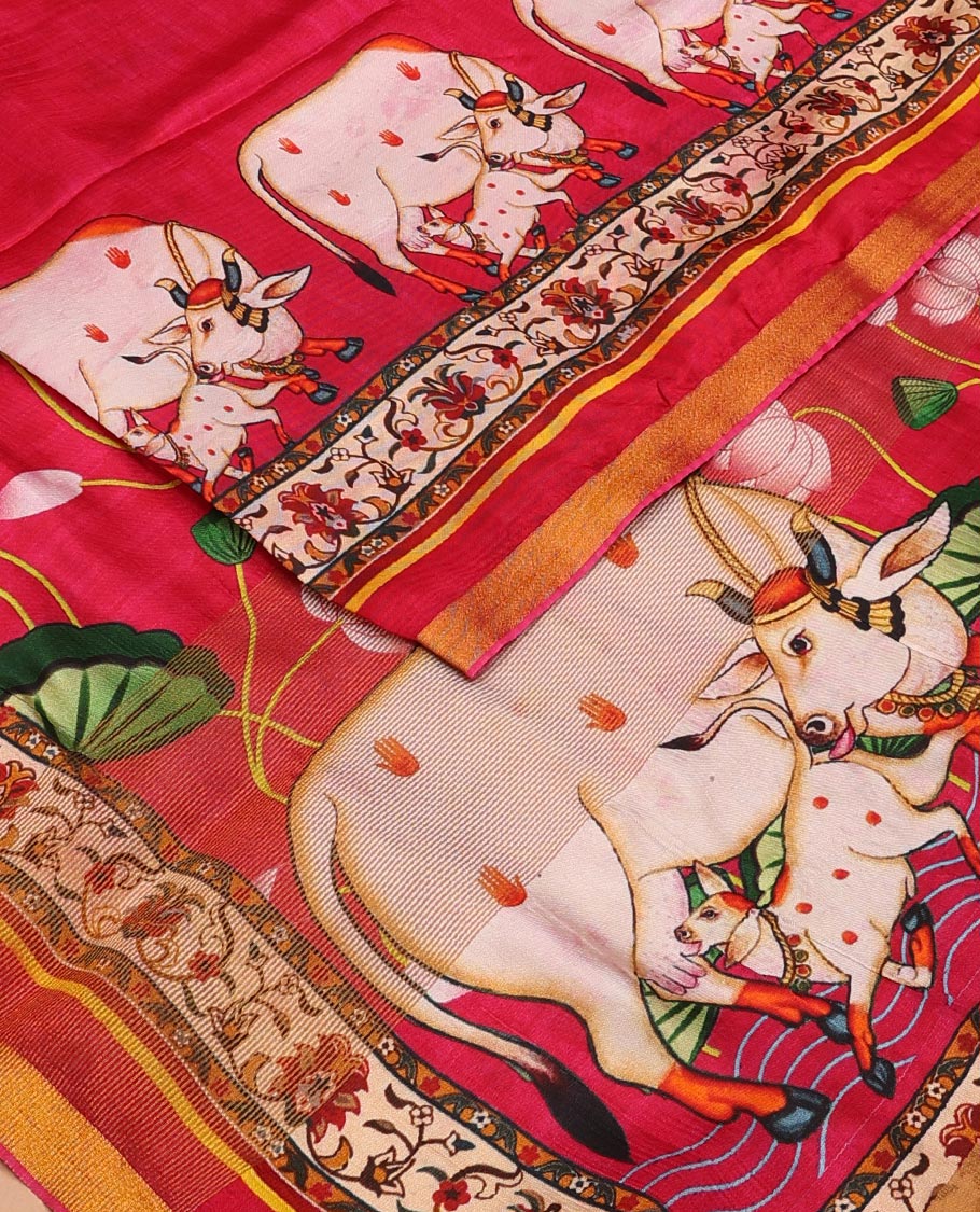 Red Pichwai cow printed banana pith saree with zari border of floral creeper print, and pallu of Pichwai lotus vine and cow print