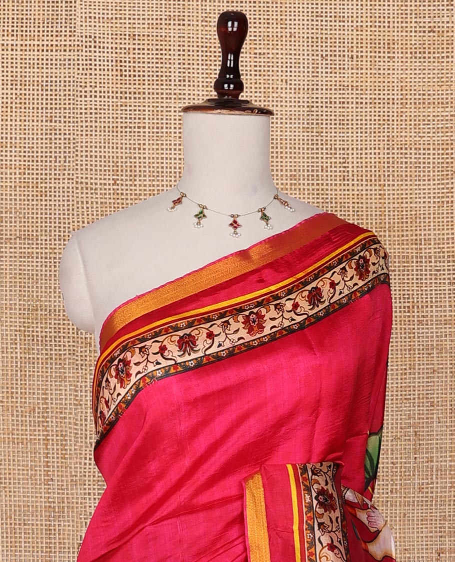 Red Pichwai cow printed banana pith saree with zari border of floral creeper print, and pallu of Pichwai lotus vine and cow print