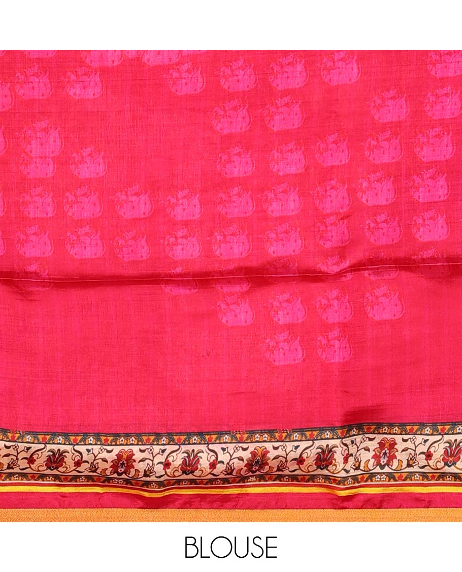 Red Pichwai cow printed banana pith saree with zari border of floral creeper print, and pallu of Pichwai lotus vine and cow print