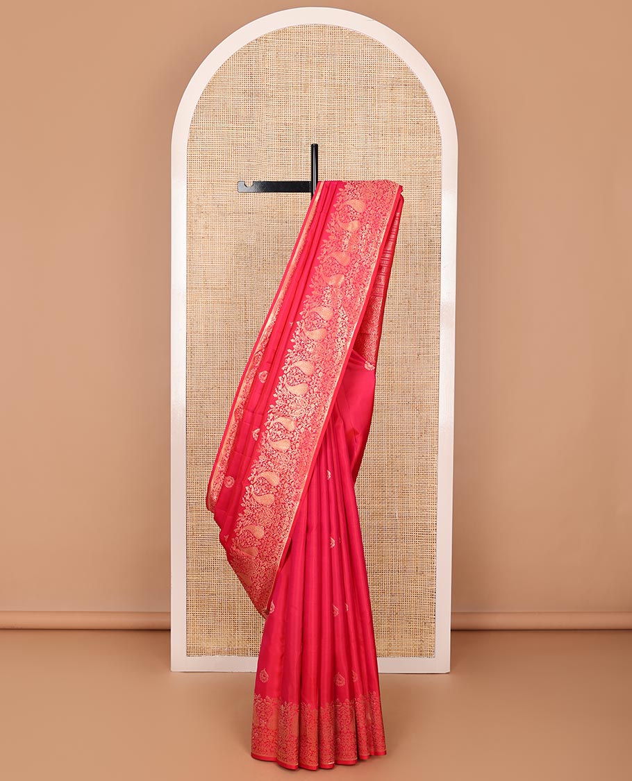 Red zari buttas silksaree,scallop border of floral jaal & mayil & pallu of muthu,banaras,rudraksham,laddu kamalam,neli,mayil & floral jaal design