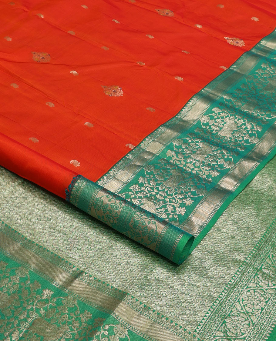 Orange zari buttas silk saree, contrast border of thilakam mokku,banaras,zari stripes,kodi visiry & pichwai cow designs & jaal pallu