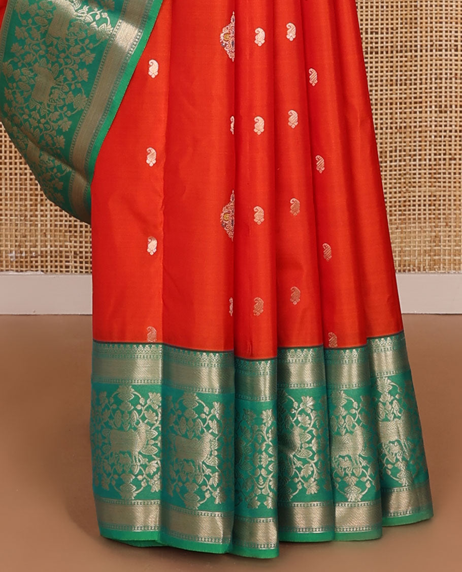 Orange zari buttas silk saree, contrast border of thilakam mokku,banaras,zari stripes,kodi visiry & pichwai cow designs & jaal pallu