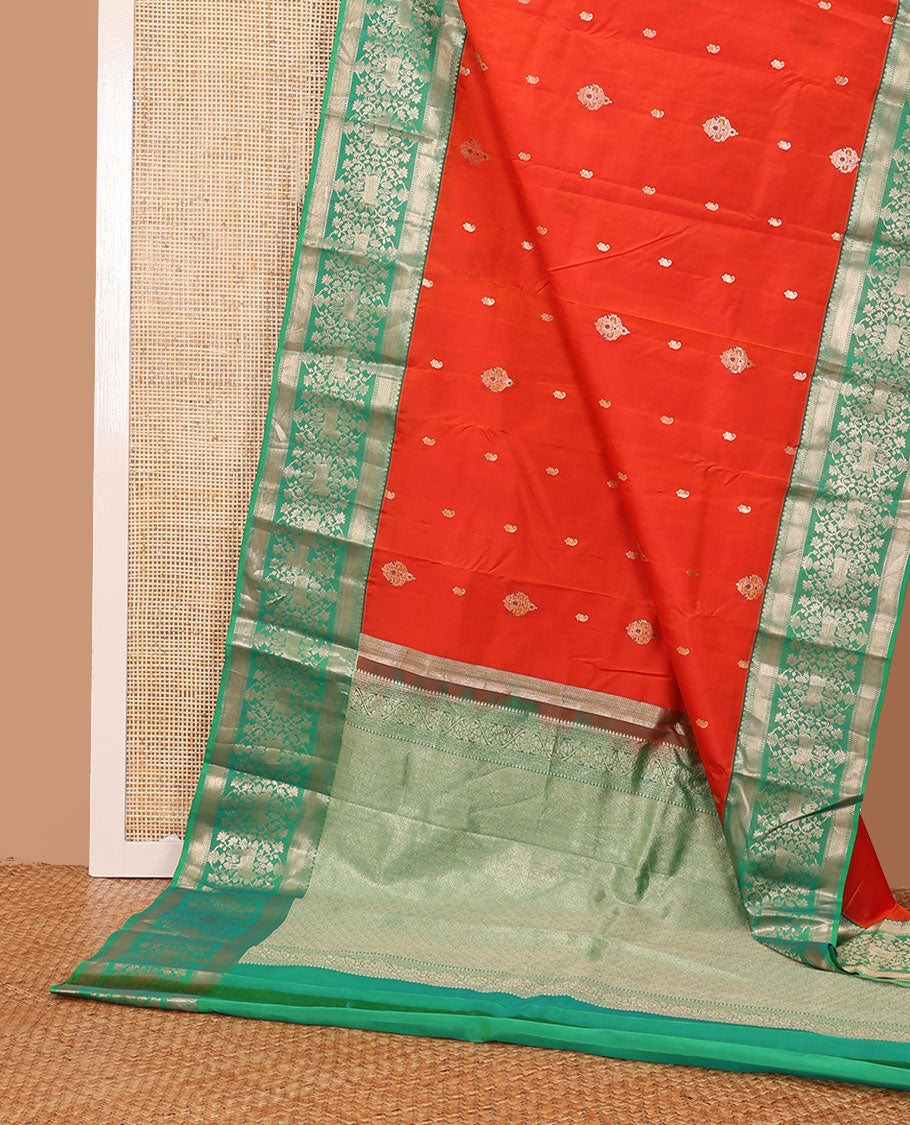 Orange zari buttas silk saree, contrast border of thilakam mokku,banaras,zari stripes,kodi visiry & pichwai cow designs & jaal pallu