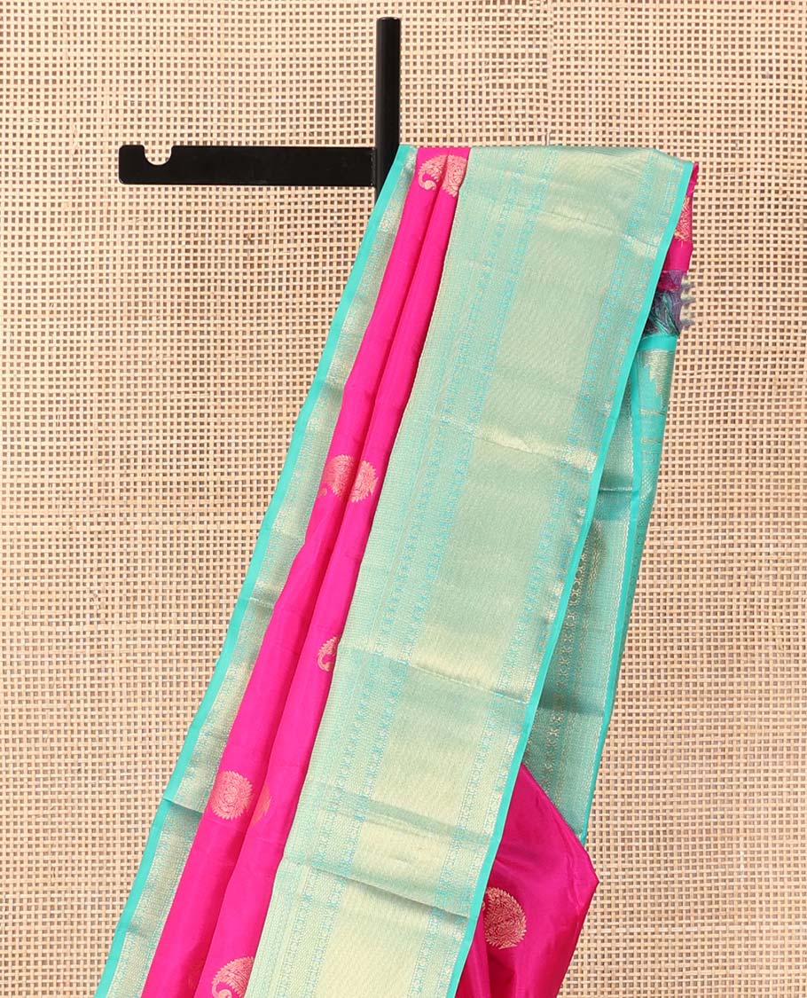 Pink manga zari buttas silk saree, contrast zari border of thilakam mokku, mayil, banaras, and mayil kann designs , and jaal pallu
