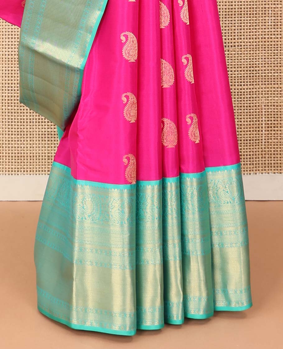 Pink manga zari buttas silk saree, contrast zari border of thilakam mokku, mayil, banaras, and mayil kann designs , and jaal pallu