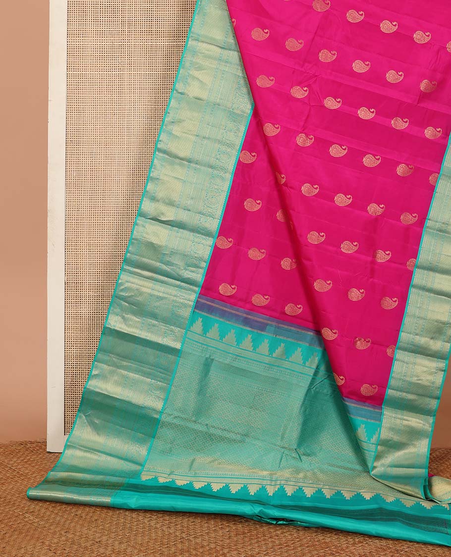 Pink manga zari buttas silk saree, contrast zari border of thilakam mokku, mayil, banaras, and mayil kann designs , and jaal pallu
