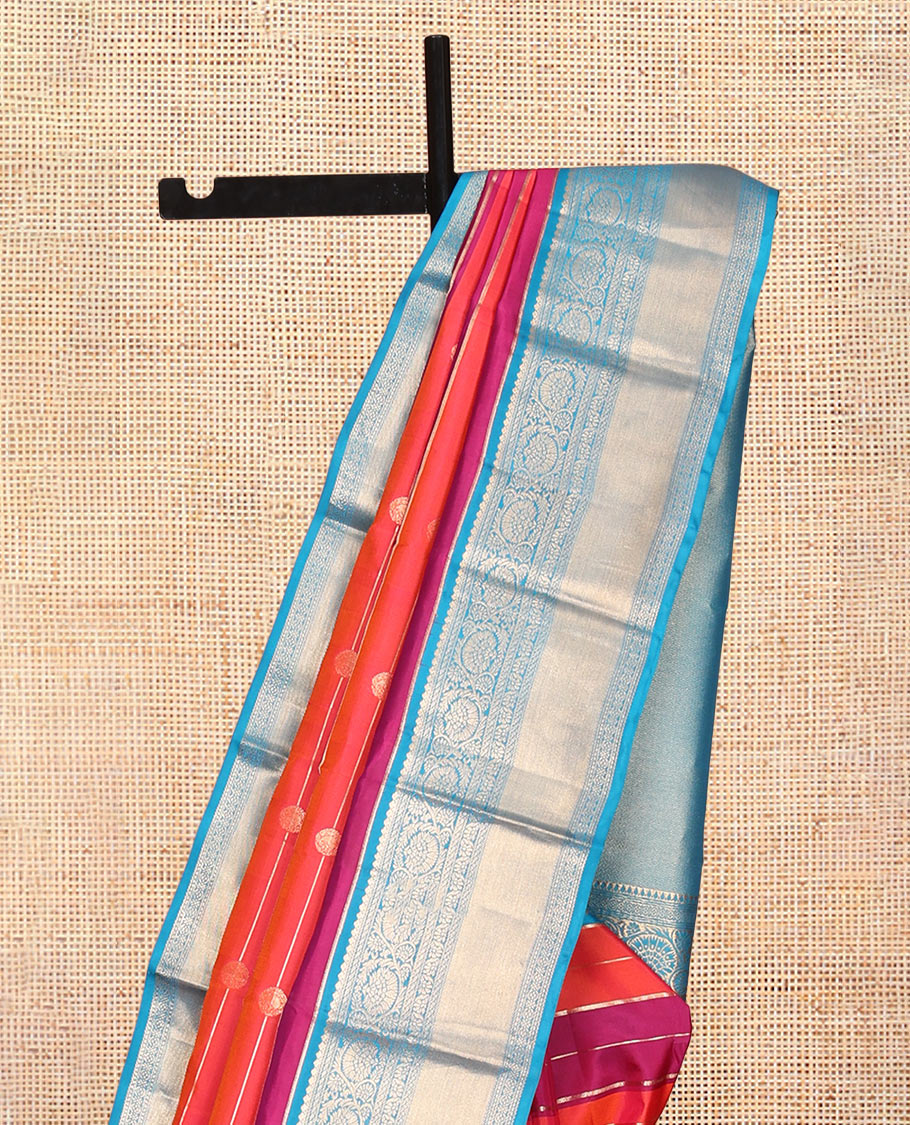 Orange-Pink Vasundhara Silk Saree, Mesmerized with Zari Buttas and Stripes, Contrast Border of Kodi Visiry Designs, Grand Pallu, and a Contrast Blouse