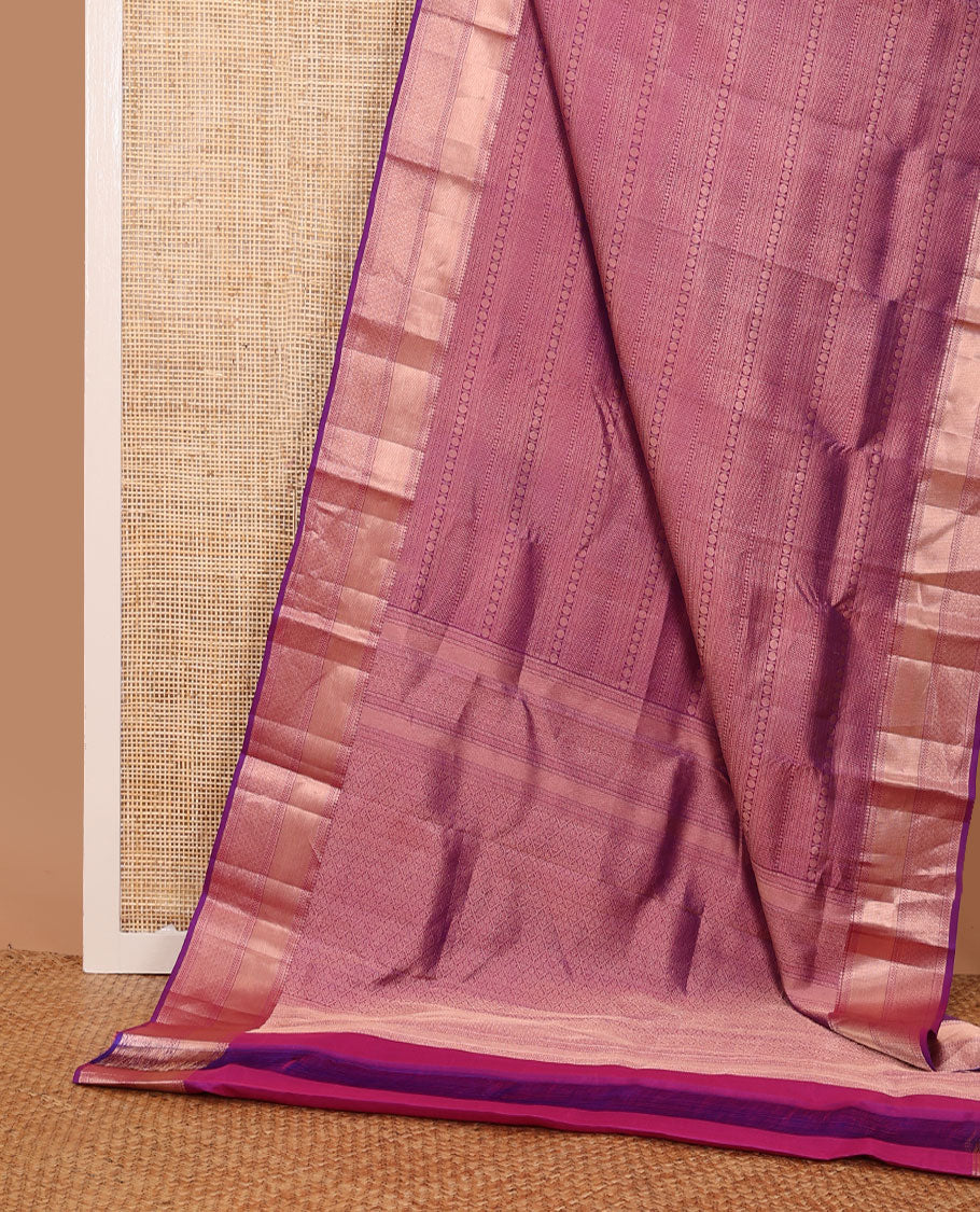 Pink geometric jacquard wedding silk saree, jaal pallu & zari border of thilakam, muthu, paisa & scallop designs