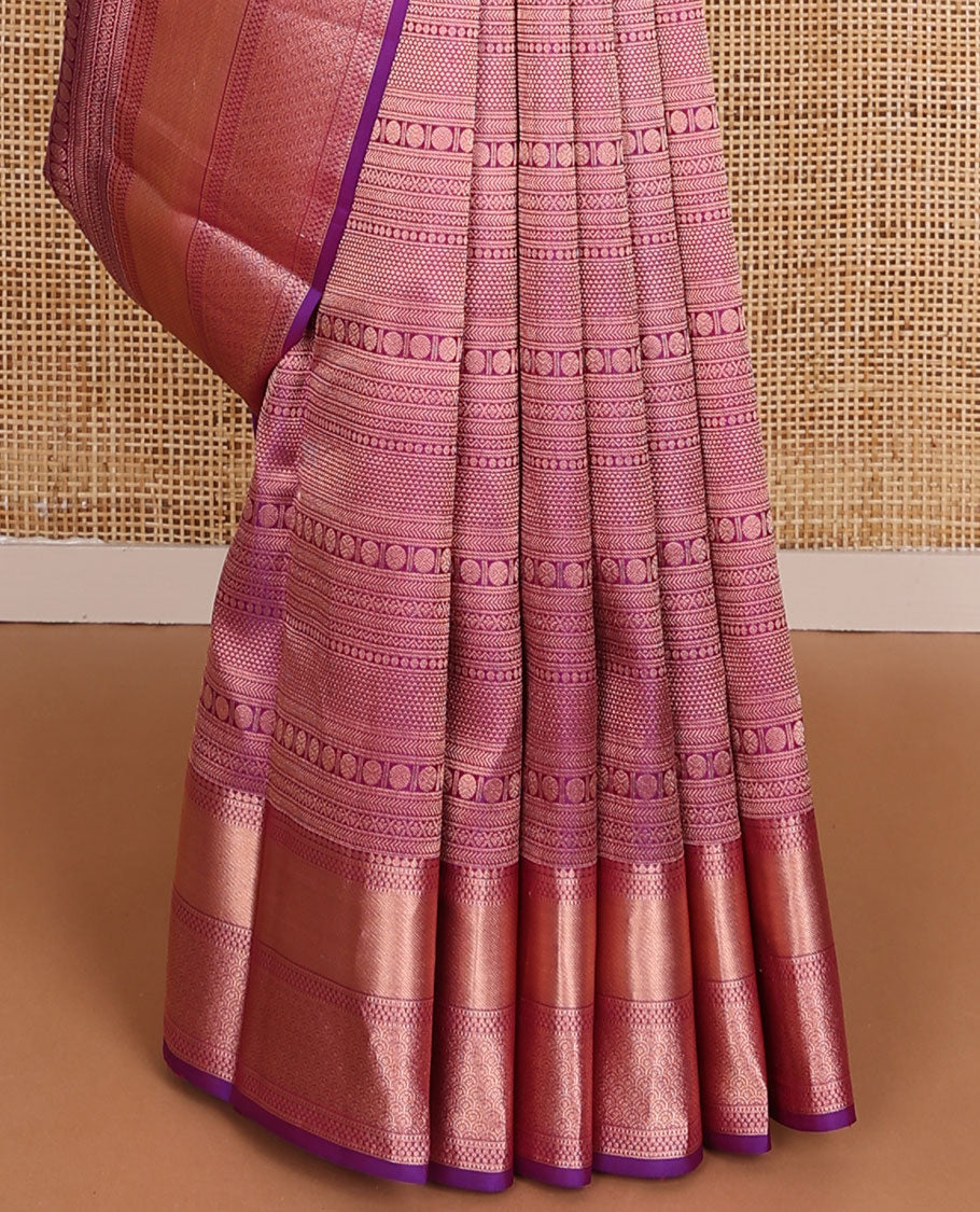 Pink geometric jacquard wedding silk saree, jaal pallu & zari border of thilakam, muthu, paisa & scallop designs