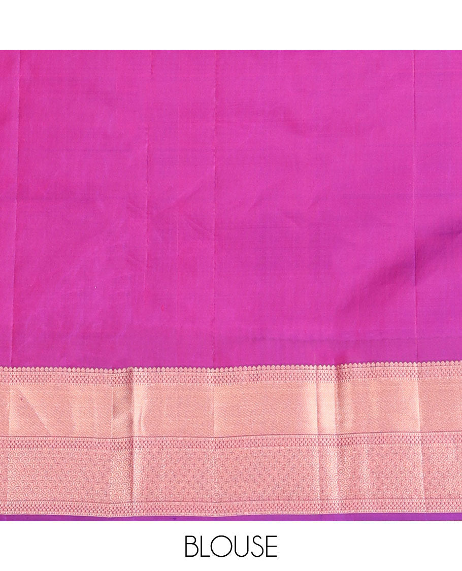 Pink geometric jacquard wedding silk saree, jaal pallu & zari border of thilakam, muthu, paisa & scallop designs