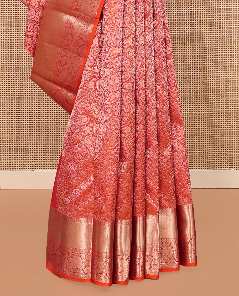 Orange Kanchipuram Wedding Silk Saree, Detailed with Jacquard Designs on Its Body, Highlighted by a Zari Border of Muthu, Diamond, and Kodi Visiry Designs, Mughal-Style Intricately Designed Pallu, and Paired with a Matching Blouse
