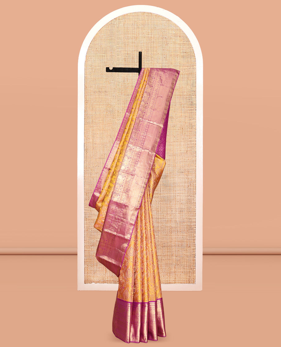 Yellow Kanchipuram Wedding Silk Saree, Embellished with Jacquard Design, a Contrast Border of Thilakam, Rudraksham, Mayil, Yaanai, Chakram, and Mayil Kann, Grand Pallu, and a Contrast Blouse