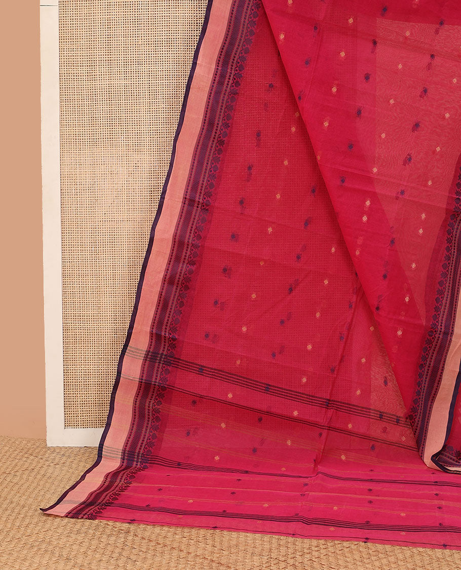 Red motifs bengal cotton saree with contrast floral design border & striped, floral motifs pallu