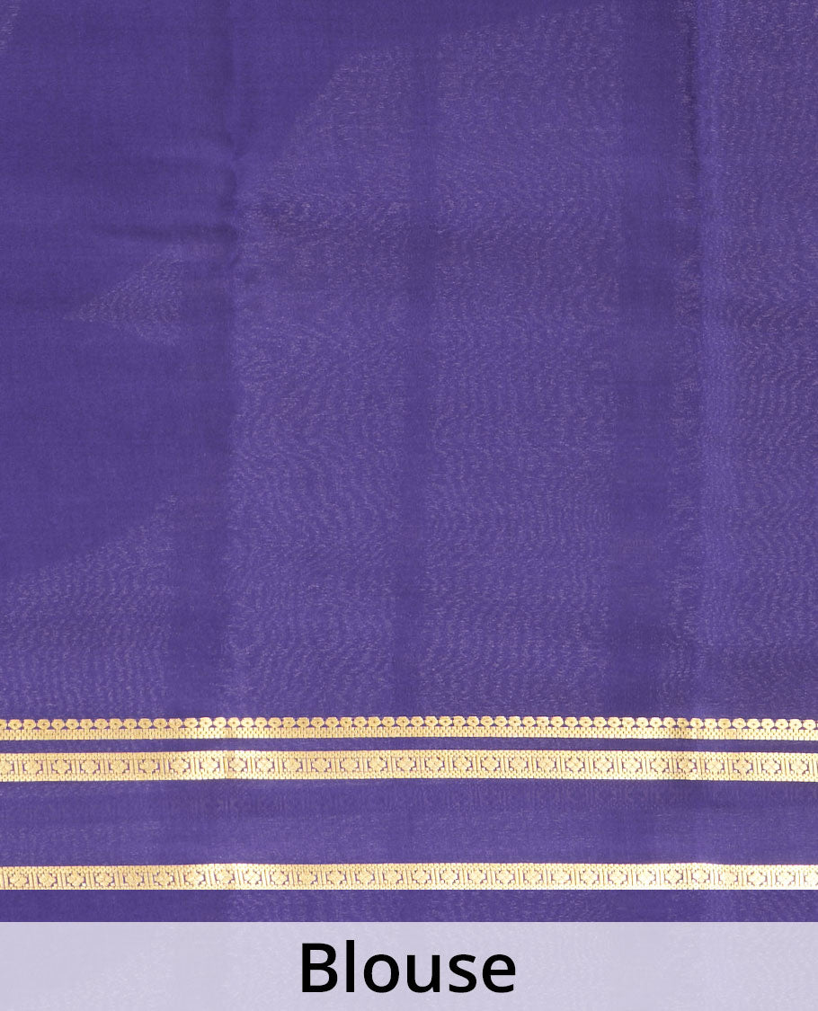 Pink Mysore Silk Saree Detailed with Zari Buttas, Complemented by a Contrast Border Featuring Traditional Zari Designs, Pallu Steeped with Zari Stripes, and Paired with a Contrast Blouse