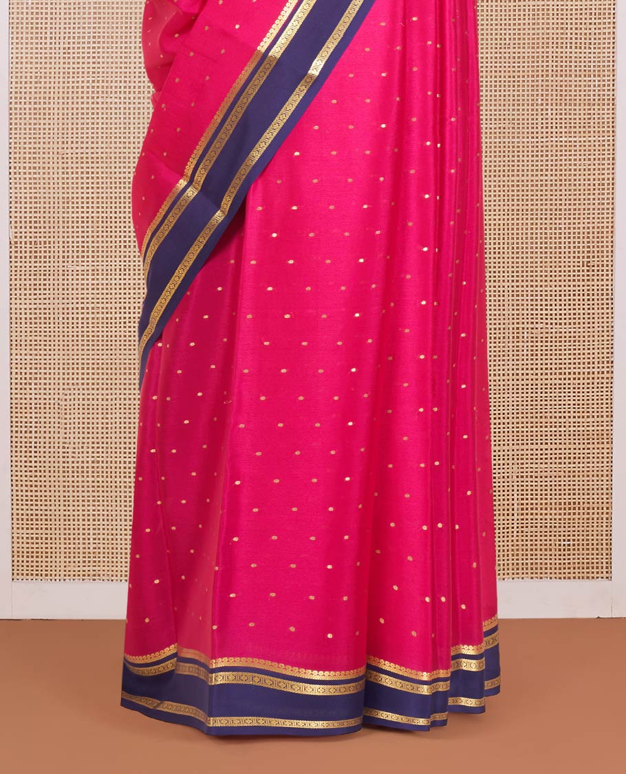 Pink Mysore Silk Saree Detailed with Zari Buttas, Complemented by a Contrast Border Featuring Traditional Zari Designs, Pallu Steeped with Zari Stripes, and Paired with a Contrast Blouse