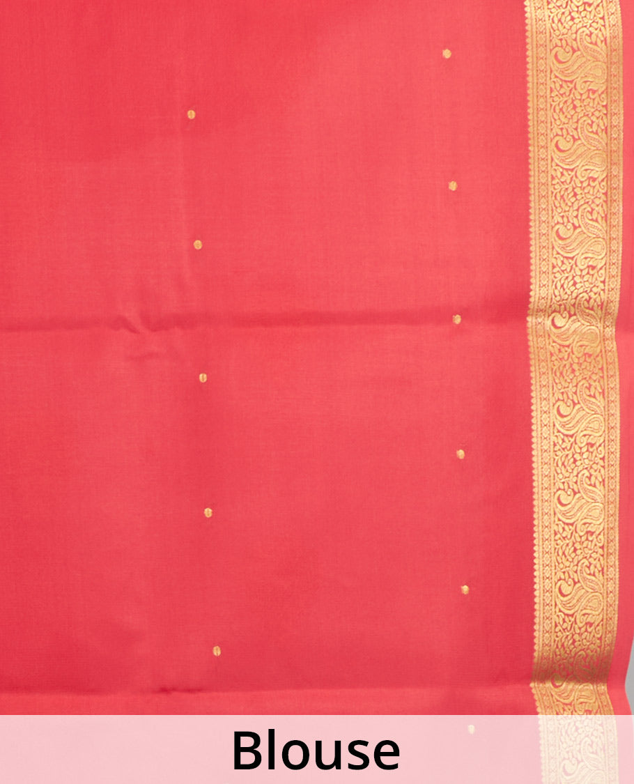 White Mysore Silk Saree, Sparsely Sparkled with Zari Buttas All Over Its Body, Complemented by a Contrast Traditional Zari Design Border, Zari-Buttas Woven Pallu, and Paired with a Contrast Blouse