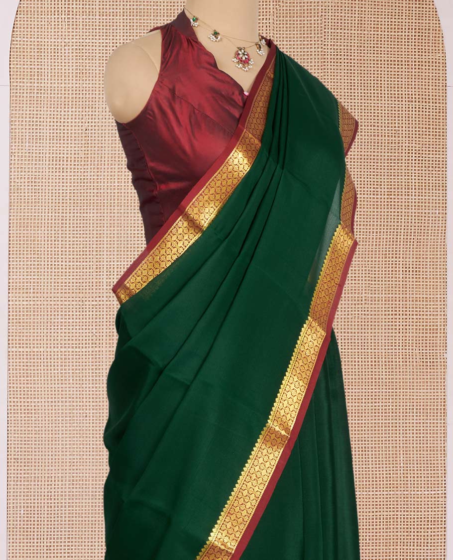 Bottle Green Plain Mysore Silk Saree, Complemented by a Contrast Traditional Zari Design Border, Zari Striped Pallu, and Paired with a Contrast Blouse