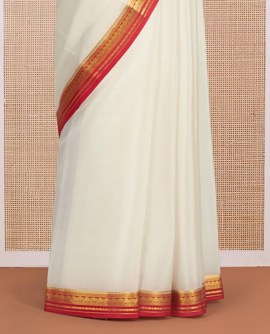 White Plain Mysore Silk Saree, Complemented by a Contrast Traditional Zari Design Border, Zari Striped Pallu, and Paired with a Contrast Blouse