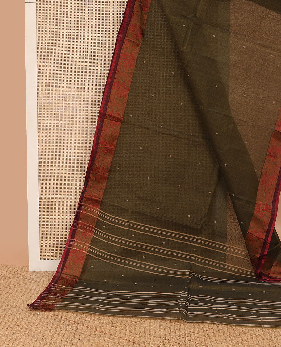Olive green motifs bengal cotton saree with contrast floral design border & striped, floral motifs pallu