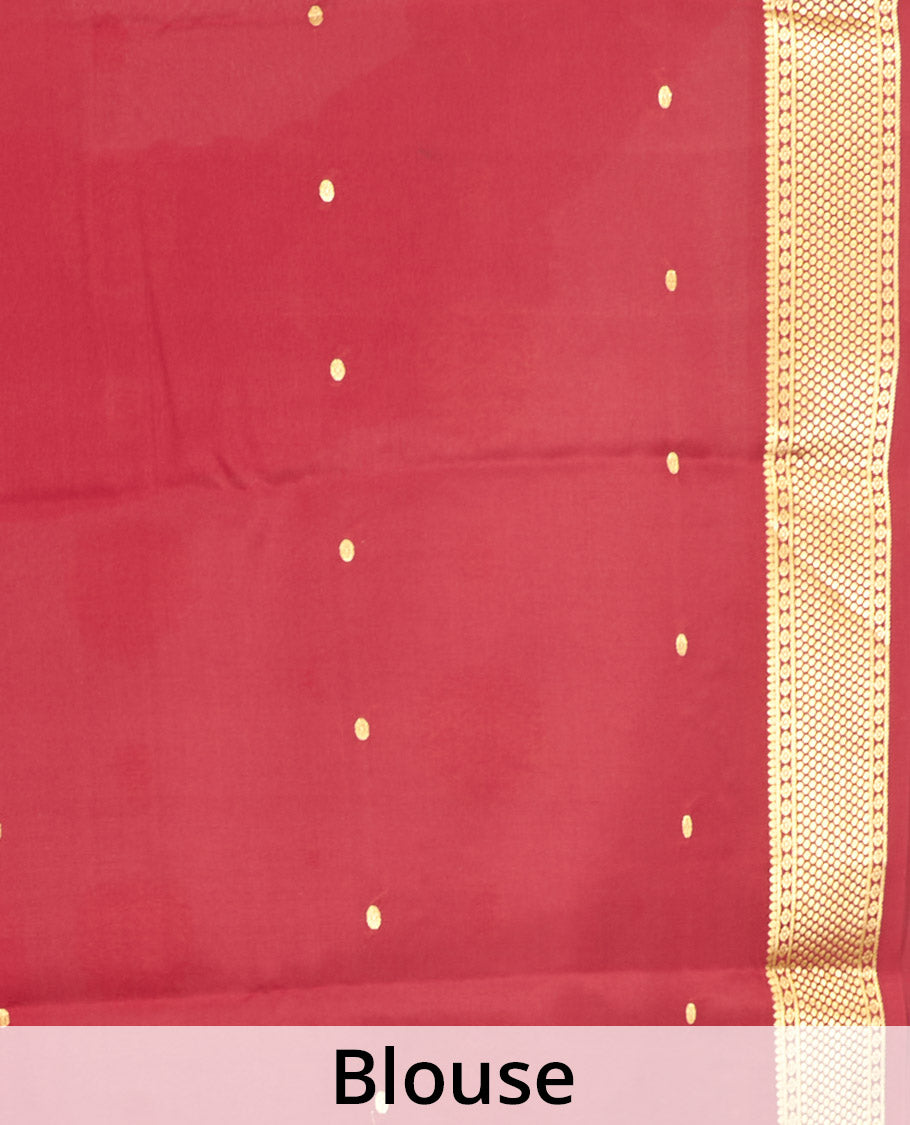 Cantaloupe Orange Mysore Silk Saree, Mesmerized with Zari Buttas All Over Its Body, Complemented by a Contrast Traditional Zari Design Border, Zari-Buttas Woven Pallu, and Paired with a Contrast Blouse