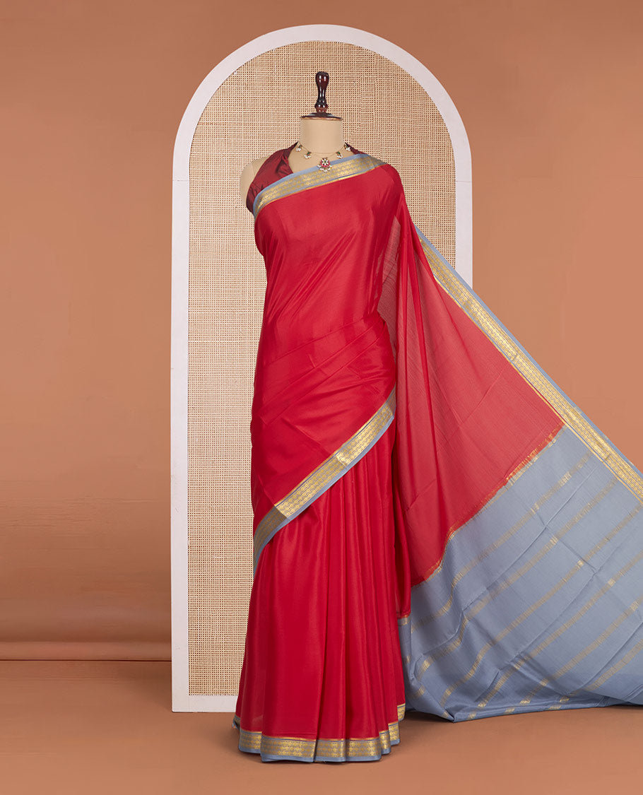Red Plain Mysore Silk Saree, Complemented by a Contrast Traditional Zari Design Border, Zari Striped Pallu, and Paired with a Contrast Blouse